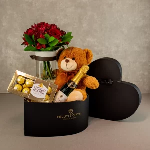 Box coração com flores, pelúcia espumante e Ferrero Rocher