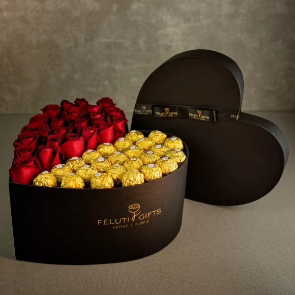 Box coração preto com rosas vermelhas e chocolate Ferrero Rocher