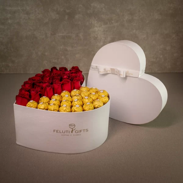 Box coração branco com rosas vermelhas e chocolate Ferrero Rocher