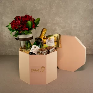 Box romantico com flores, brownies, espumante, Ferrero Rocher