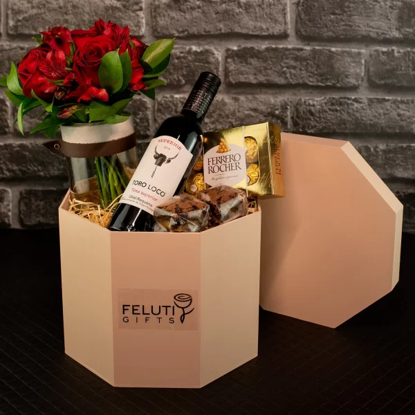 Box romântico com Ferrero Rocher, Brownies, Vinho, Rosas Vermelhas